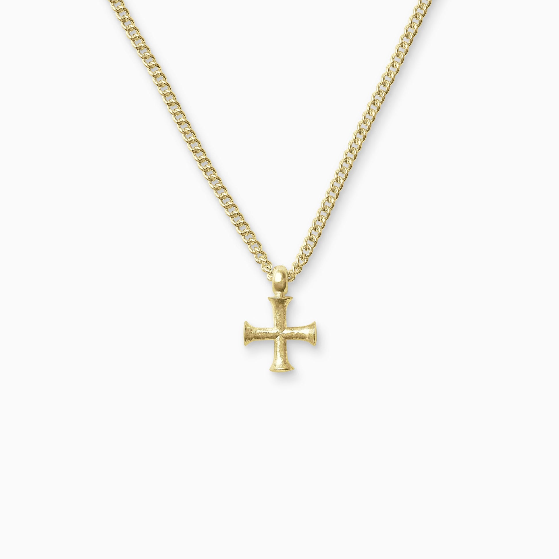 18ct Fairtrade yellow gold Byzantine cross, 21mm on a 55cm heavy curb chain. The cross has equal length arms with outward spreading ends.