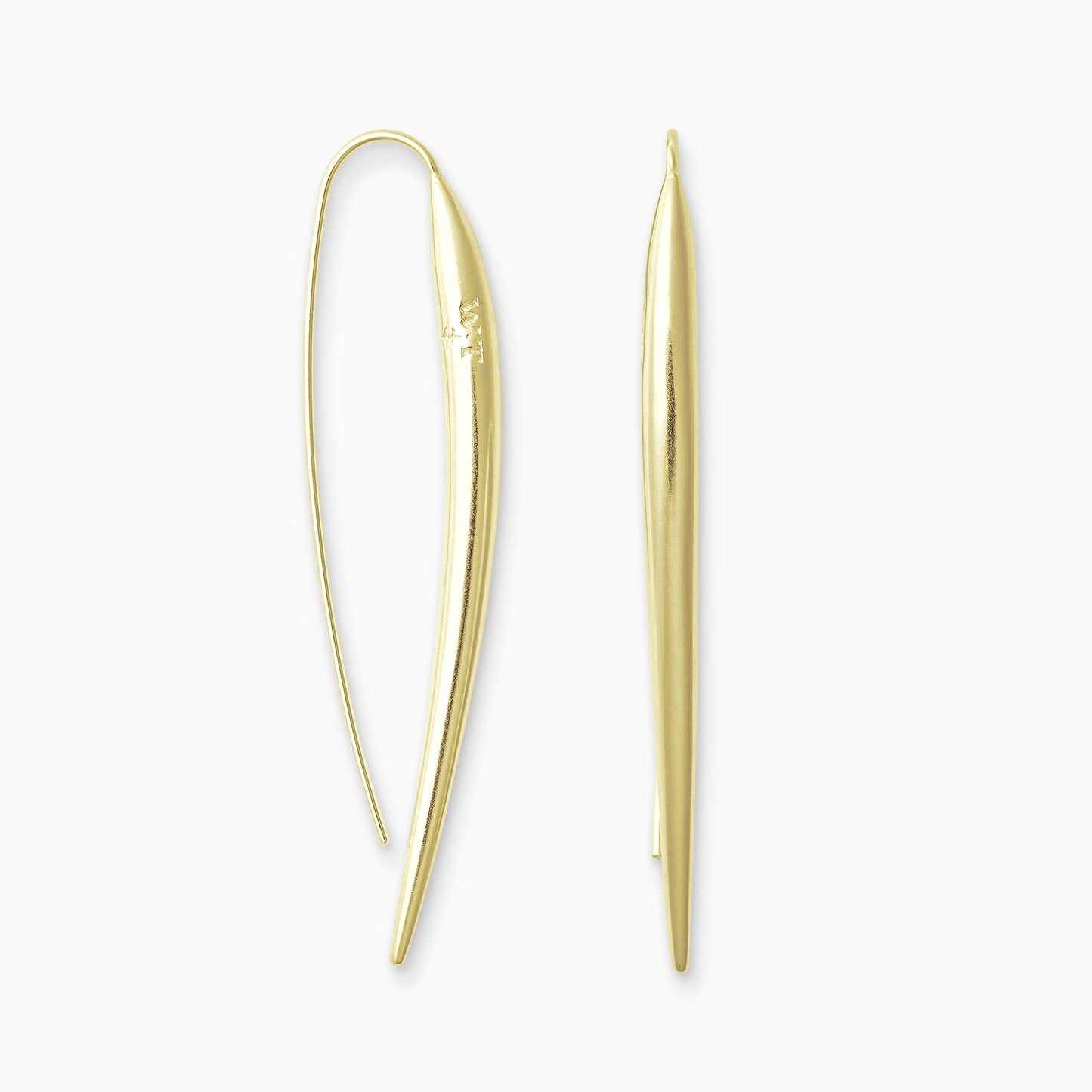 A pair of 18ct Fairtrade yellow gold  long slender shiny earrings with a hook fastening. 65mm length, 4mm diameter