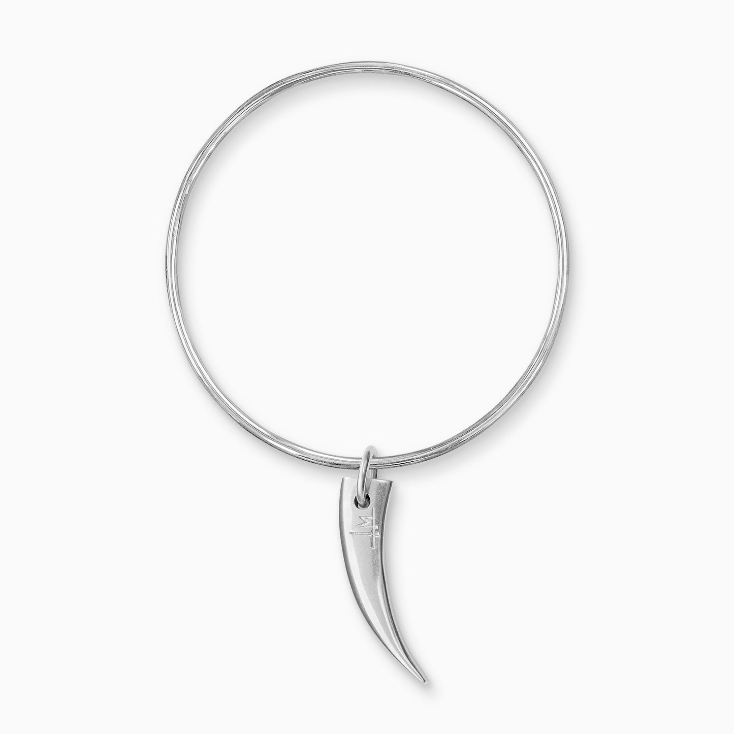 A recycled Silver smooth, tusk shaped charm, freely moving on a round wire bangle.  Charm 63mm. Bangle 63mm inside diameter x 2mm round wire.