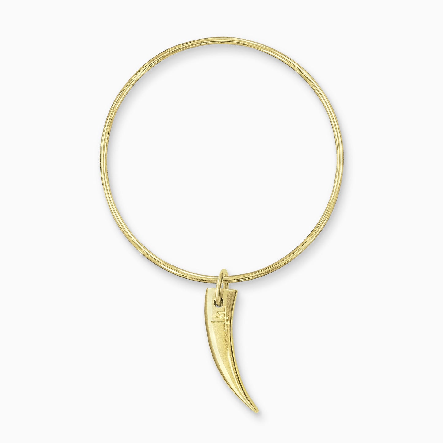 An 18ct Fairtrade yellow gold smooth, tusk shaped charm, freely moving on a round wire bangle.  Charm 63mm. Bangle 63mm inside diameter x 2mm round wire.