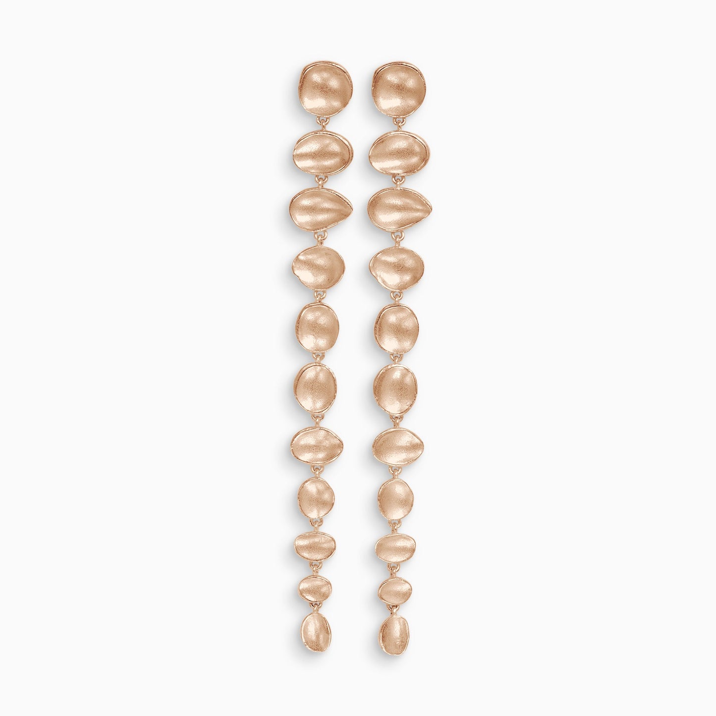 A pair of 18ct Fairtrade rose gold drop earrings. A line of 11 articulating concave discs of various organic shapes and sizes with a stud ear fastening on the top disc. Satin finish. 105mm length, 10mm width.