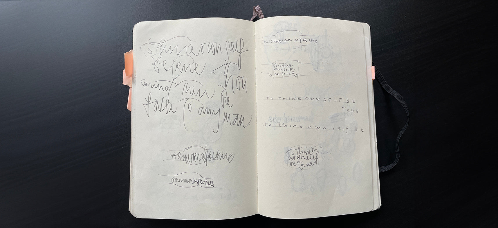 A sketch book page showing Wright & Teague caligraphy development.