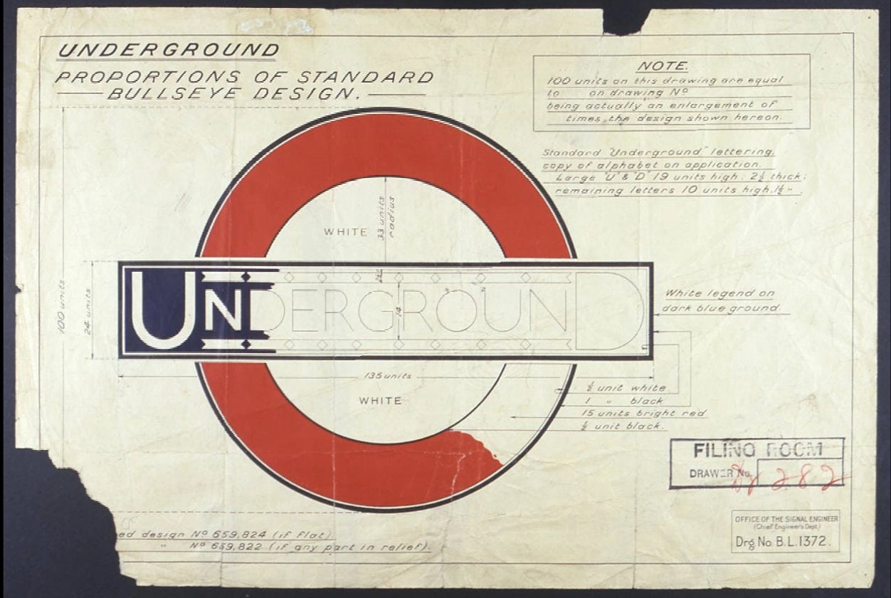 London Underground roundel. Original drawing with specifications by Edward Johnston circa 1925.
