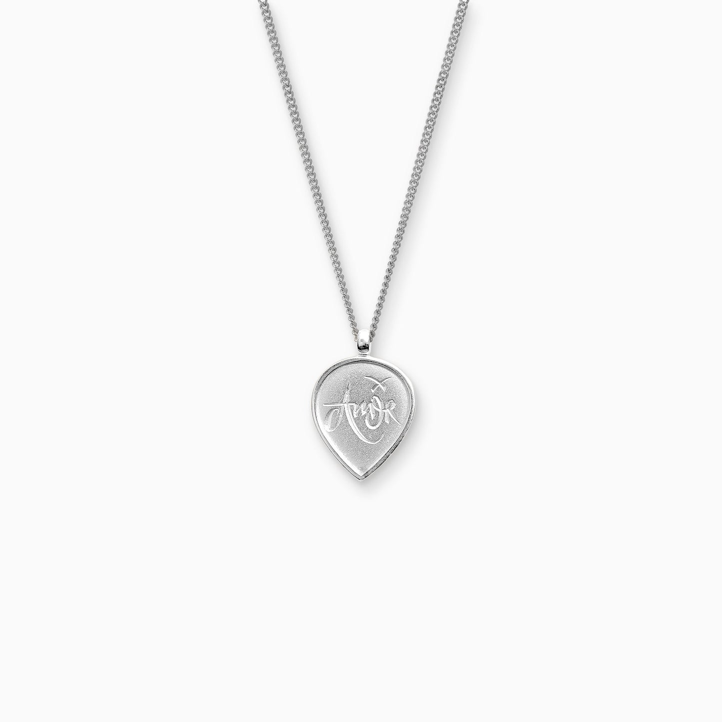Recycled Silver teardrop shaped pendant, 25cm x 16mm on a 45cm fine curb chain.  Amor, the Latin for Love is inscribed in a handwritten script on the front of the pendant.