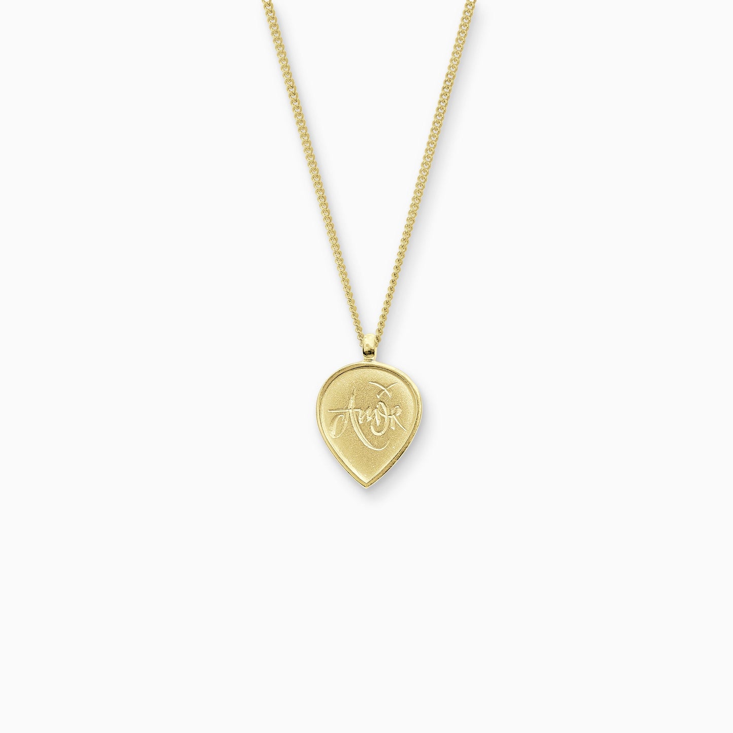18ct Fairtrade yellow gold  teardrop shaped pendant, 25cm x 16mm on a 45cm fine curb chain. Amor, the Latin for Love is inscribed in a handwritten script on the front of the pendant.
