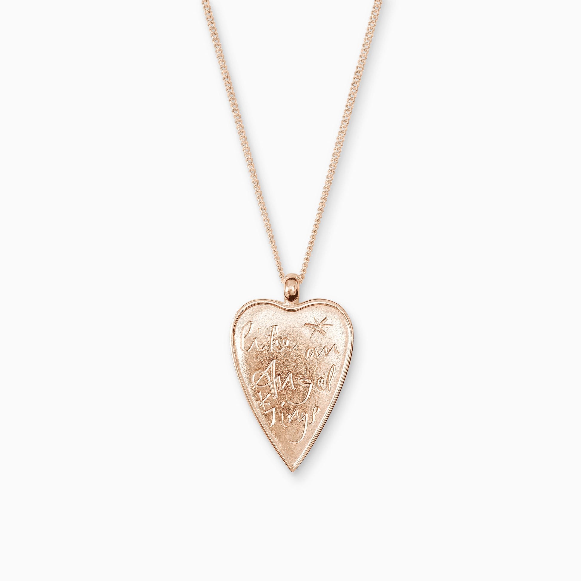 18ct Fairtrade rose gold teardrop shaped charm, 38cm x 24mm on a 45cm fine curb chain.  Like an Angel Sings is inscribed in a handwritten script on the front of the pendant.