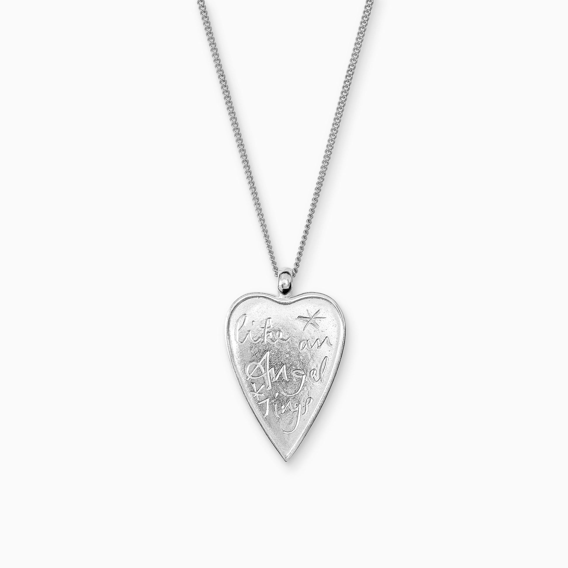 Recycled Silver teardrop shaped charm, 38cm x 24mm on a 45cm fine curb chain.  Like and Angel Sings is inscribed in a handwritten script on the front of the pendant.