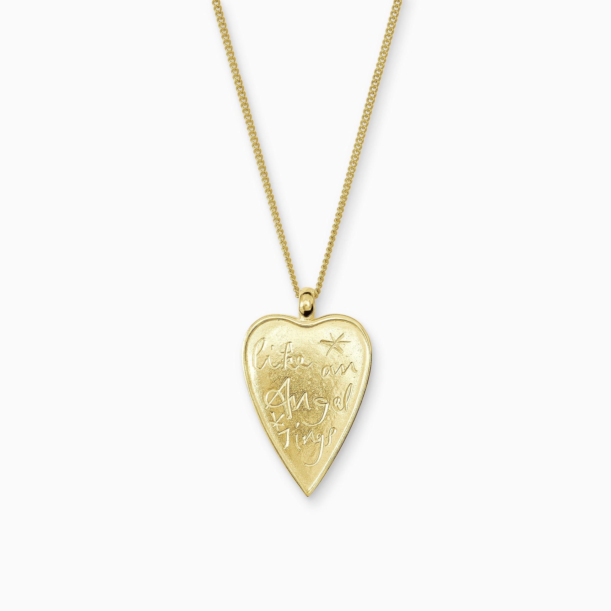 18ct Fairtrade yellow gold shaped charm, 38cm x 24mm on a 45cm fine curb chain. Like an Angel Sings is inscribed in a handwritten script on the front of the pendant.