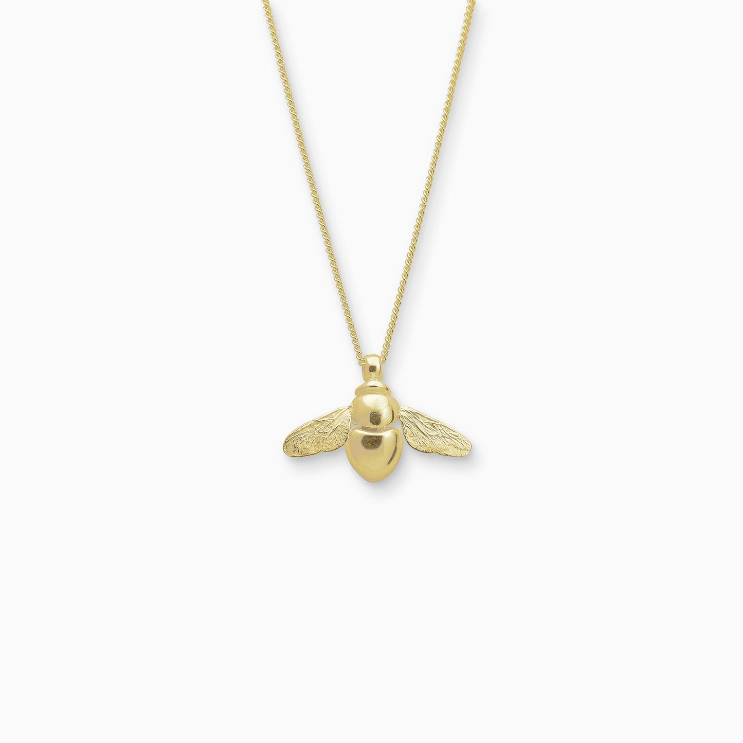 18ct Fairtrade yellow gold pendant in the exact form of a Bumble Bee. 22mm x 28mm on a 45cm fine curb chain.The body of the Bee is smooth and shiny and the wings are textured with veins.