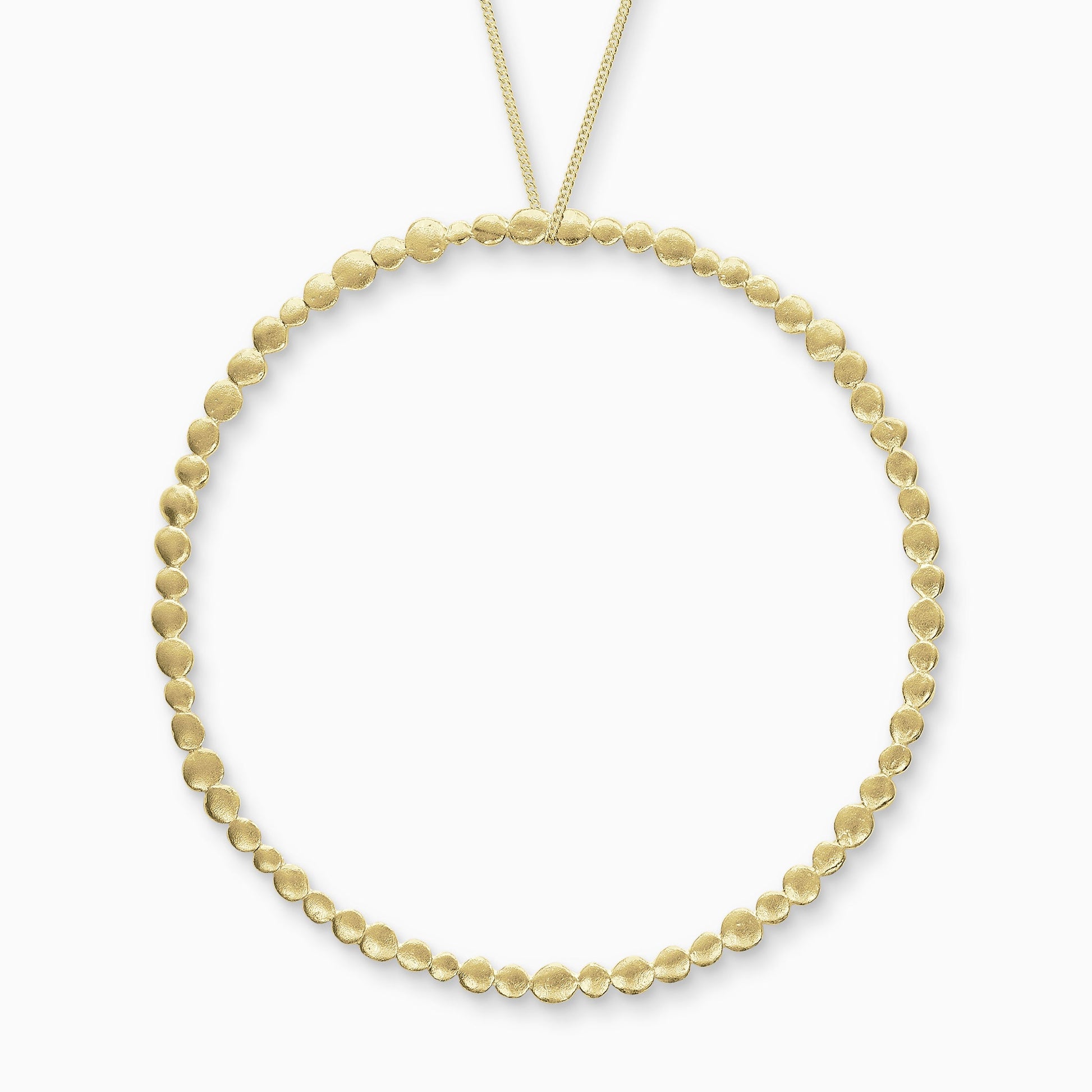 18ct Fairtrade yellow gold pendant. A line of dainty textured dots of gold in varying sizes create a circular pendant 90mm in diameter.