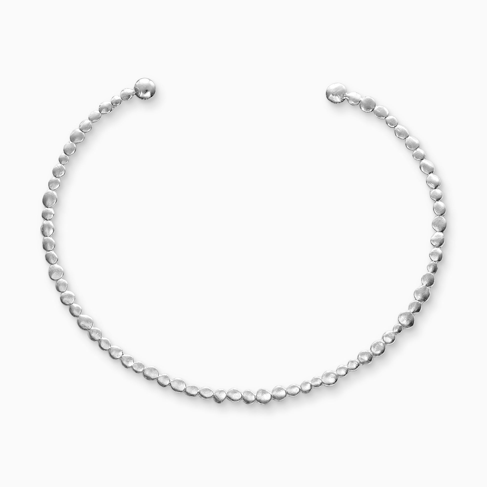 Recycled Silver collar. A line of dainty textured dots of silver in varying sizes from a collar worn close to the neck. Open ended to enable taking on and off. 125mm x 100mm
