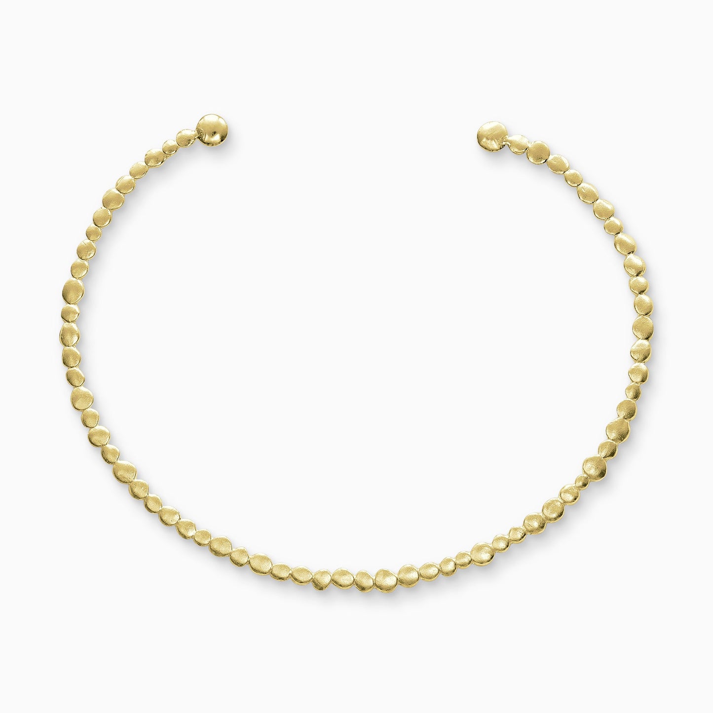 18ct Fairtrade yellow gold collar. A line of dainty textured dots of gold in varying sizes form a collar worn close to the neck. Open ended to enable taking on and off. 125mm x 100mm