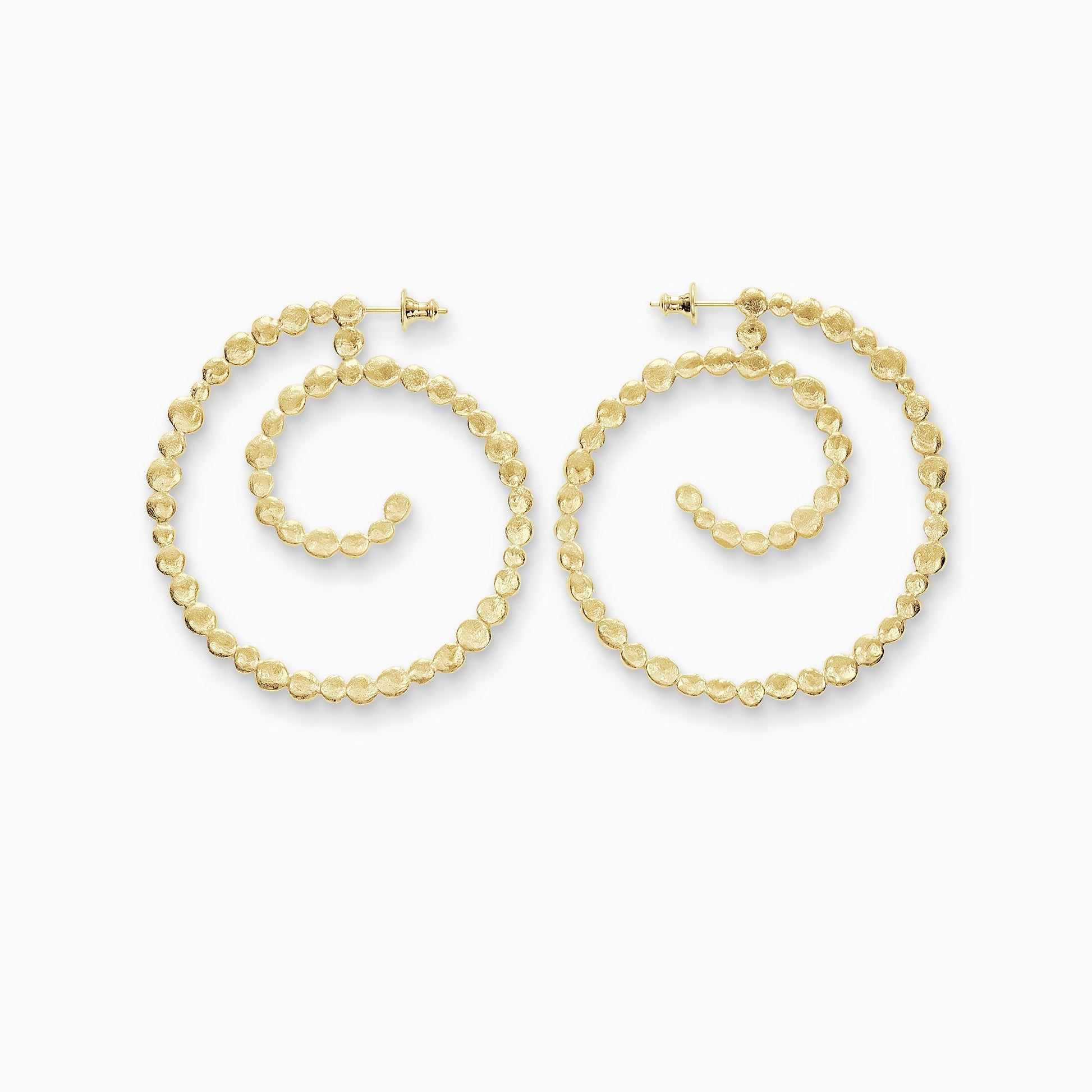A pair of 18ct Fairtrade yellow gold spiral stud earrings made of tiny undulating textured and connected dots. 54mm outside diameter 