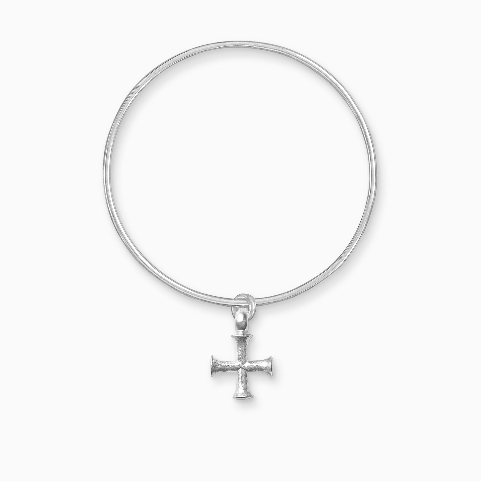 A recycled Silver geometric cross charm freely moving on a round wire bangle. The cross has equal length arms with outward spreading ends.  Charm 25mm. Bangle 63mm inside diameter x 2mm round wire.