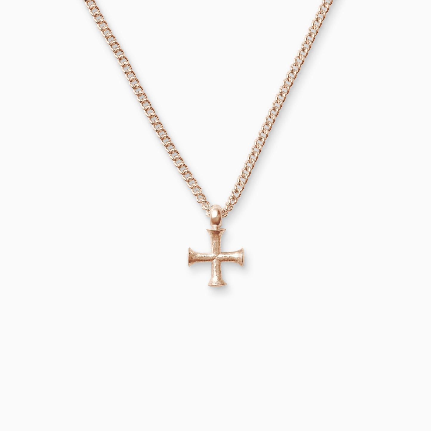 18ct Fairtrade rose gold Byzantine cross, 21mm on a 55cm heavy curb chain. The cross has equal length arms with outward spreading ends.