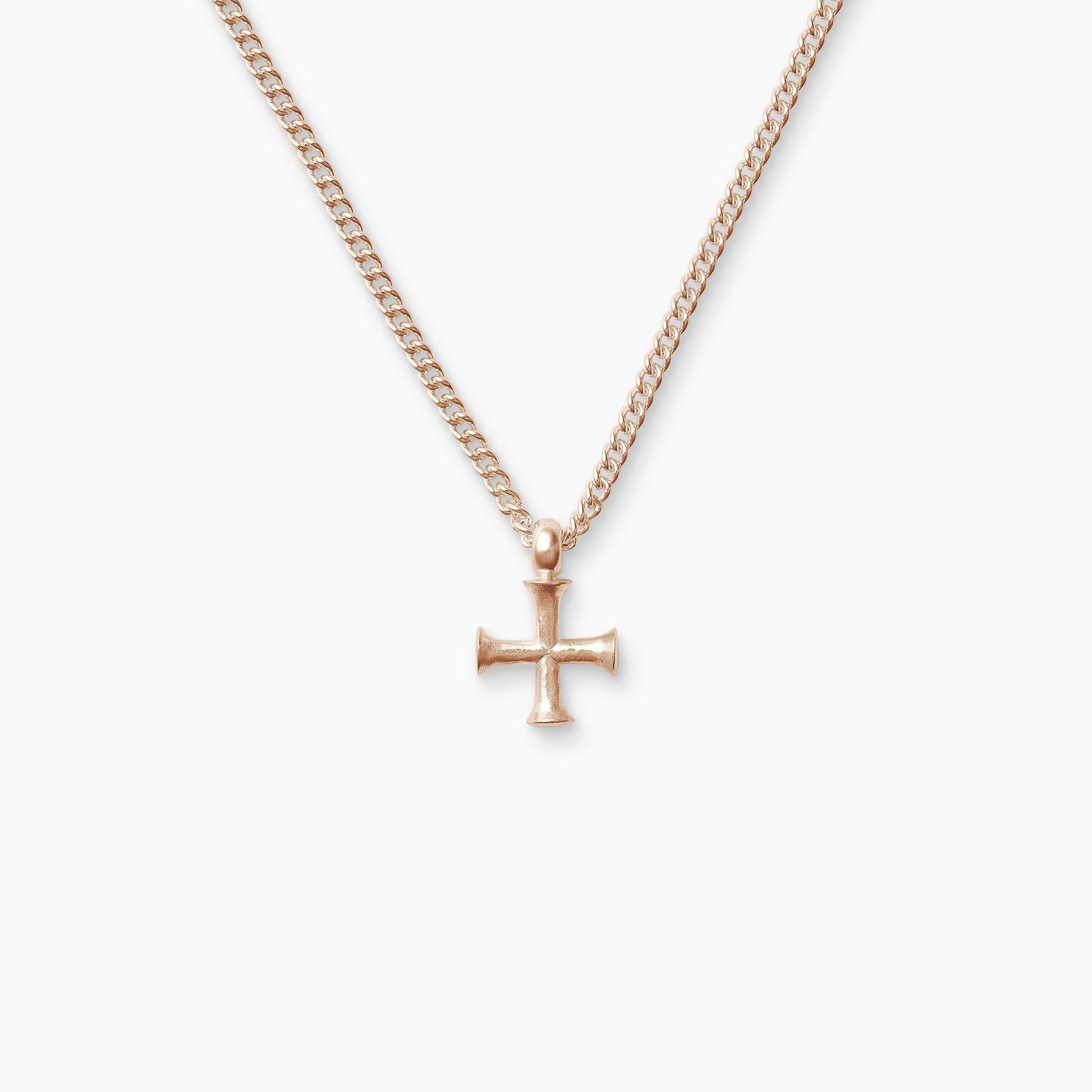 18ct Fairtrade rose gold Byzantine cross, 21mm on a 55cm heavy curb chain. The cross has equal length arms with outward spreading ends.