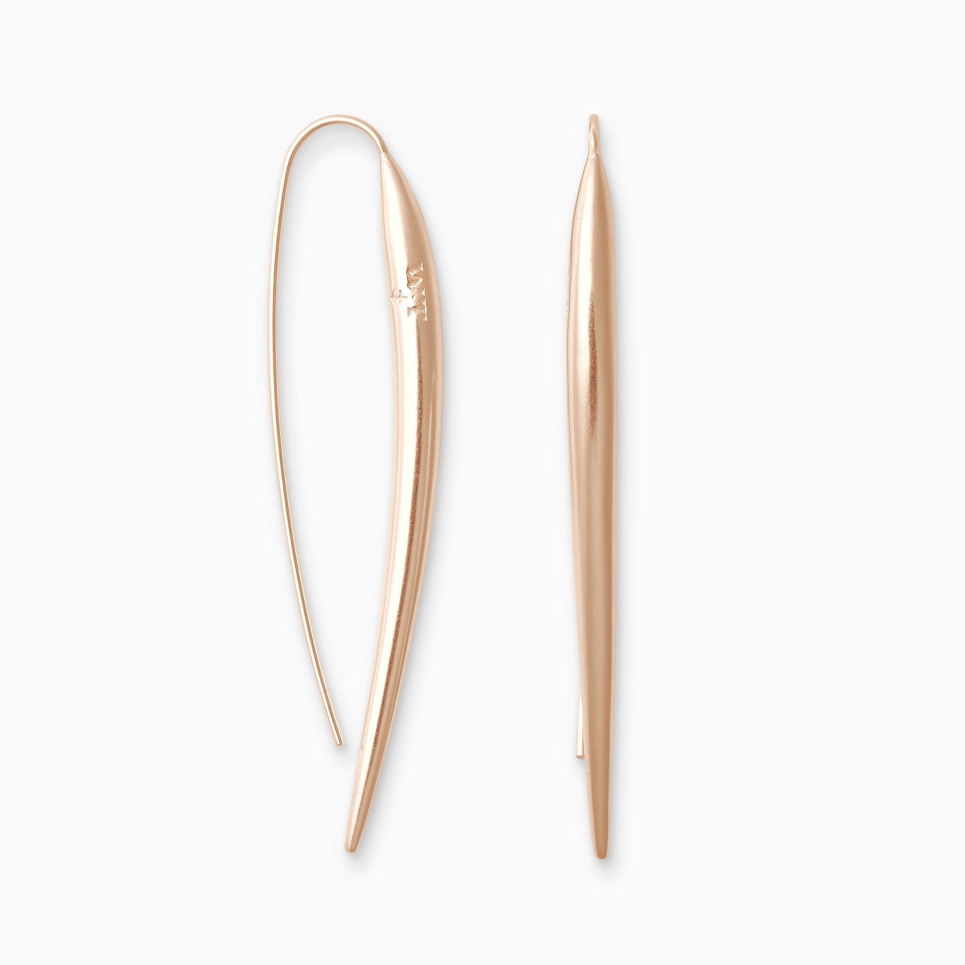 A pair of 18ct Fairtrade rose gold long slender shiny earrings with a hook fastening. 65mm length, 4mm diameter