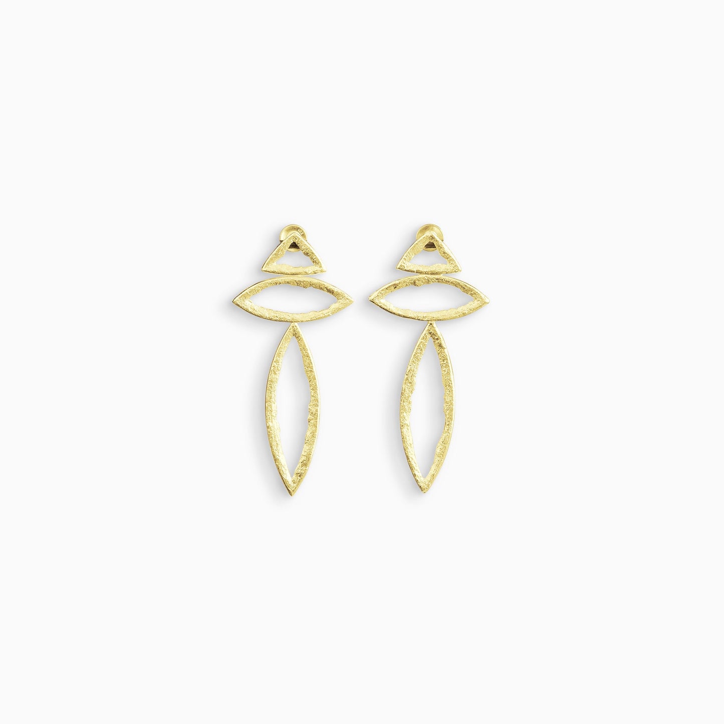A pair of  18ct Fairtrade yellow gold drop earrings with a stud ear fitting. A small triangular shape connects to a small lozenge shape to a larger lozenge shape to form a line. These open strongly textured shapes have smooth outside edges and fragmented inside edges. 46mm x 26mm.