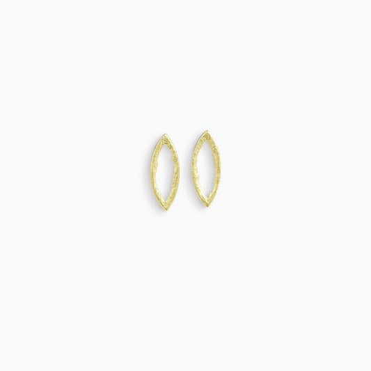 A pair of 18ct Fairtrade yellow gold stud earrings, lozenge in form with an open centre. Strong organic texture. Smooth outside edge, fragmented inside edges. 26mm x 10mm 
