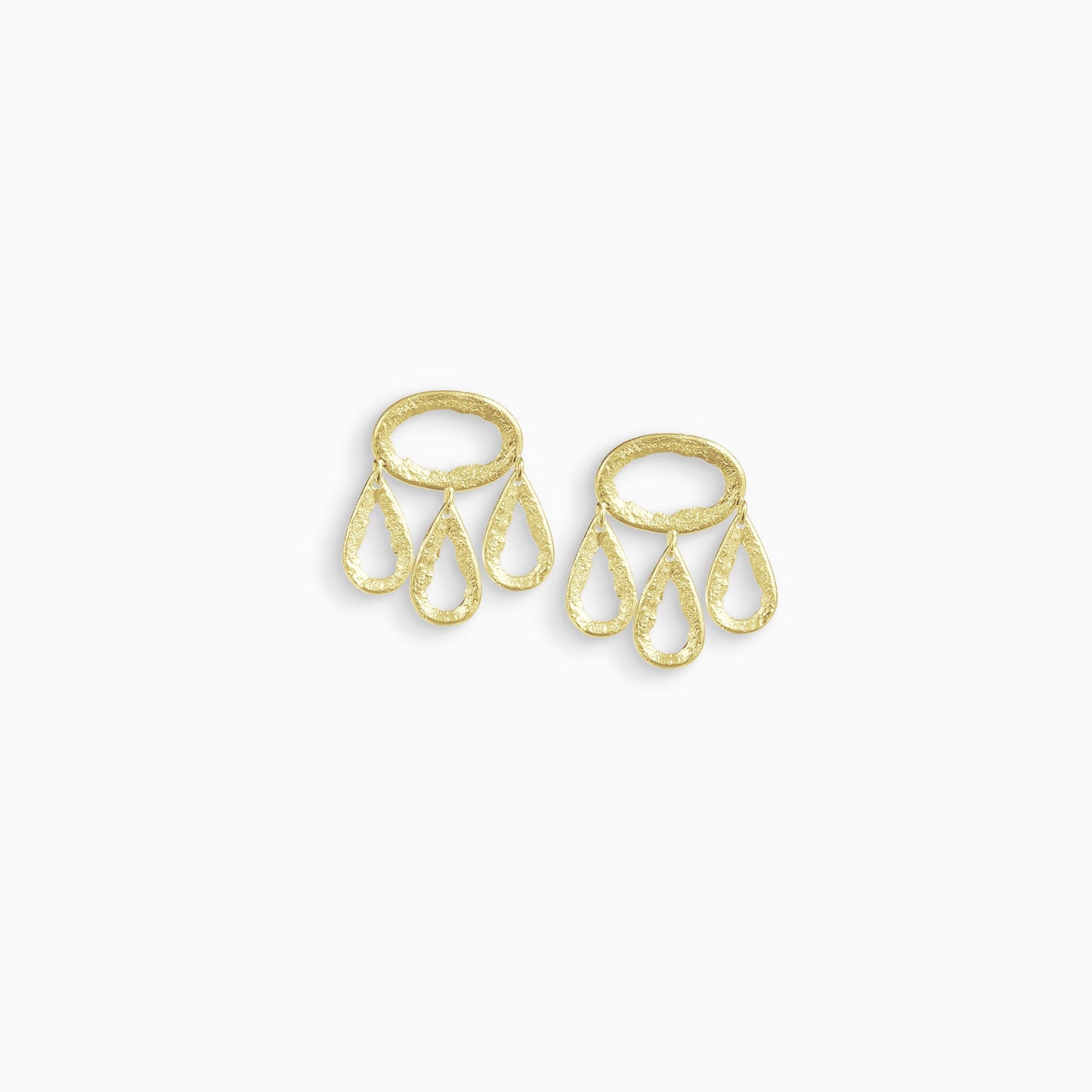 A pair of 18ct Fairtrade yellow gold drop earrings. 3 articulating small teardrop shapes hang hang from a horizontal oval shape with a stud ear fastening. These open shapes have a strong organic texture and are smooth on the outside edges with fragmented inside edges. 28mm length. 25mm width.