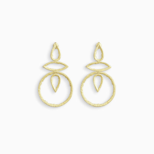 A large pair of  18ct Fairtrade yellow gold drop earrings with a stud ear fitting. A teardrop shape connects a lozenge shape to a circle in a line. Another teardrop shape in reverse is inside the circle. These open strongly textured shapes have smooth outside edges and fragmented inside edges. 46mm x 26mm.