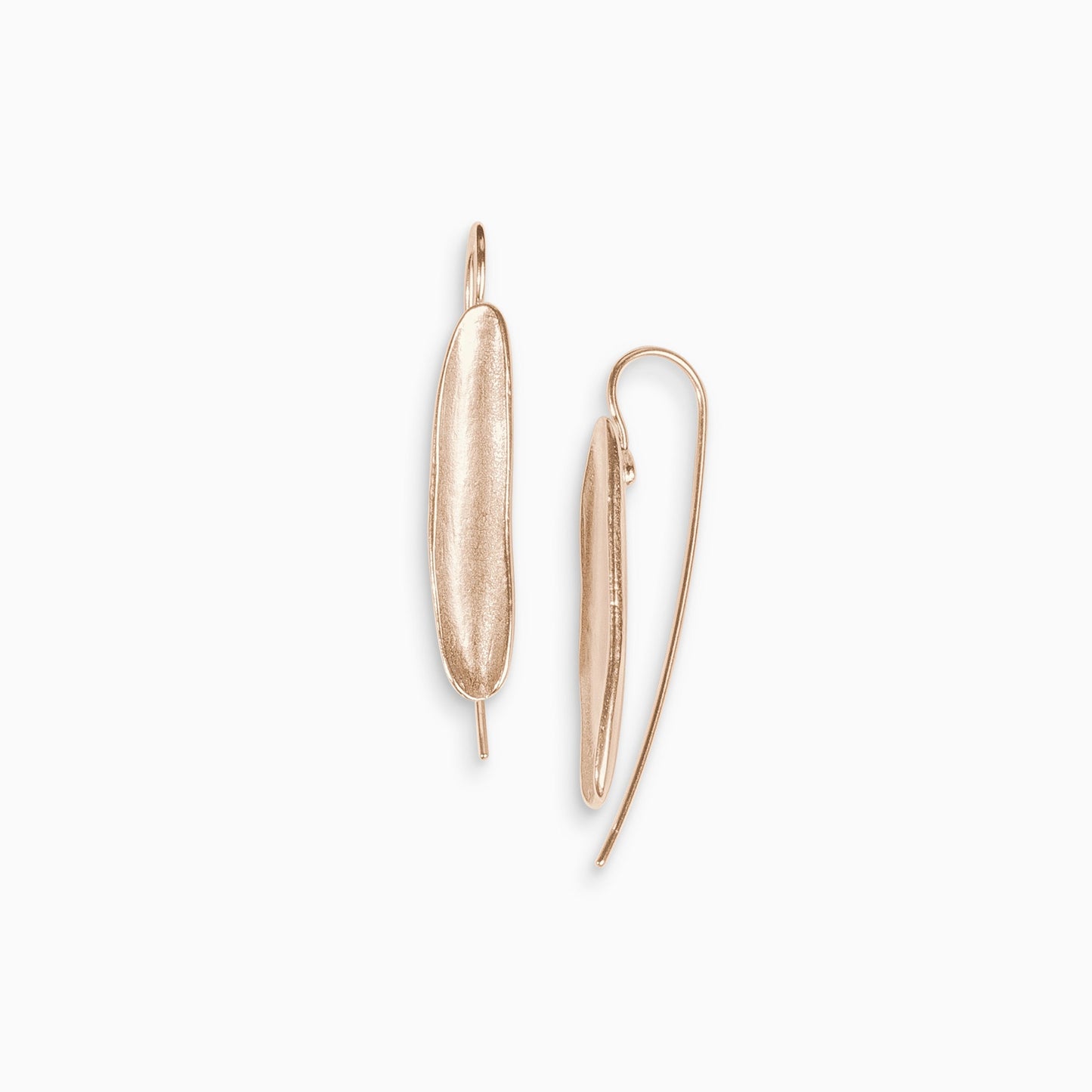 A pair of 18ct Fairtrade rose gold concave long oval shaped earrings with a hook fastening. Satin finish. 35mm length, 6mm width