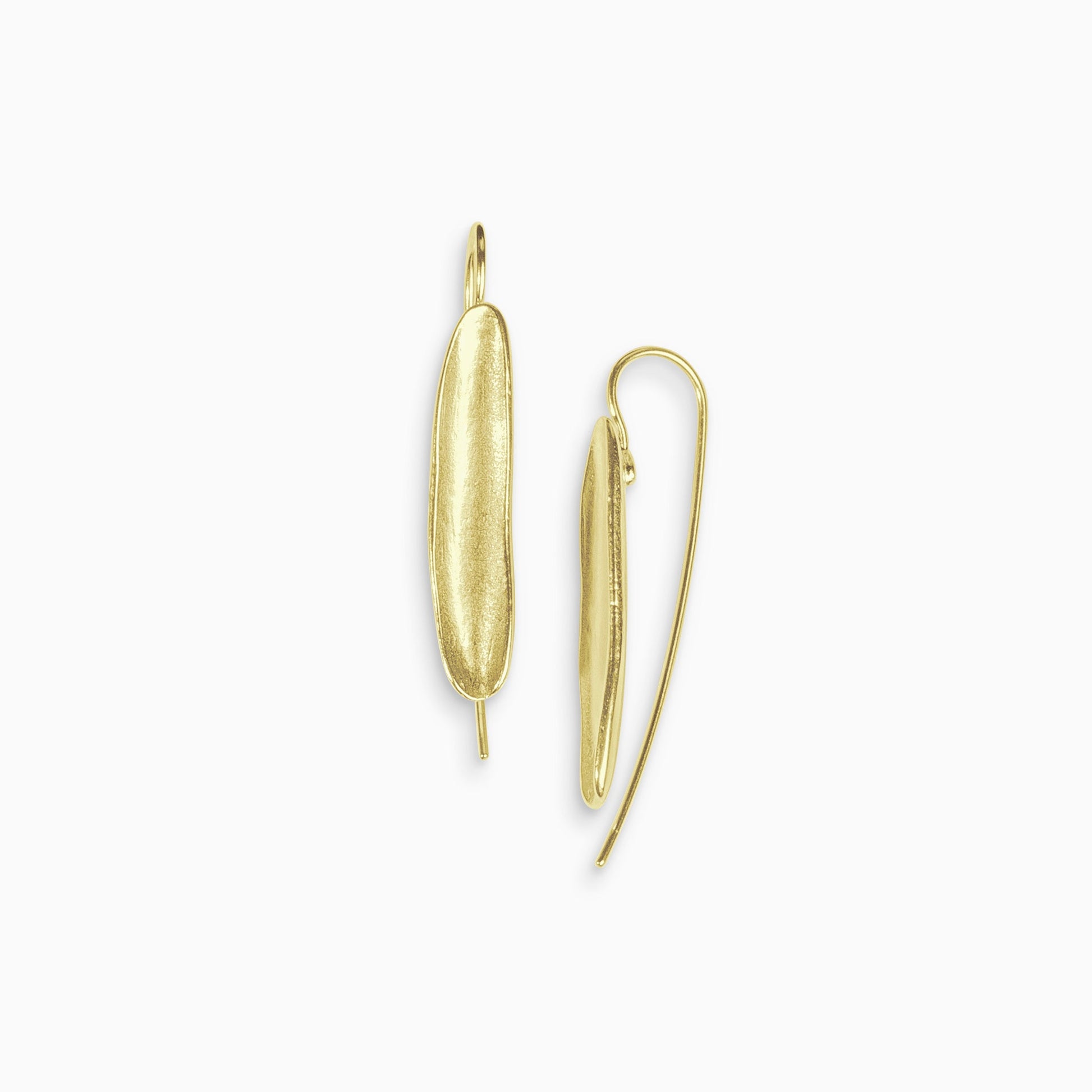 A pair of 18ct Fairtrade yellow gold concave long oval shaped earrings with a hook fastening. Satin finish. 35mm length, 6mm width
