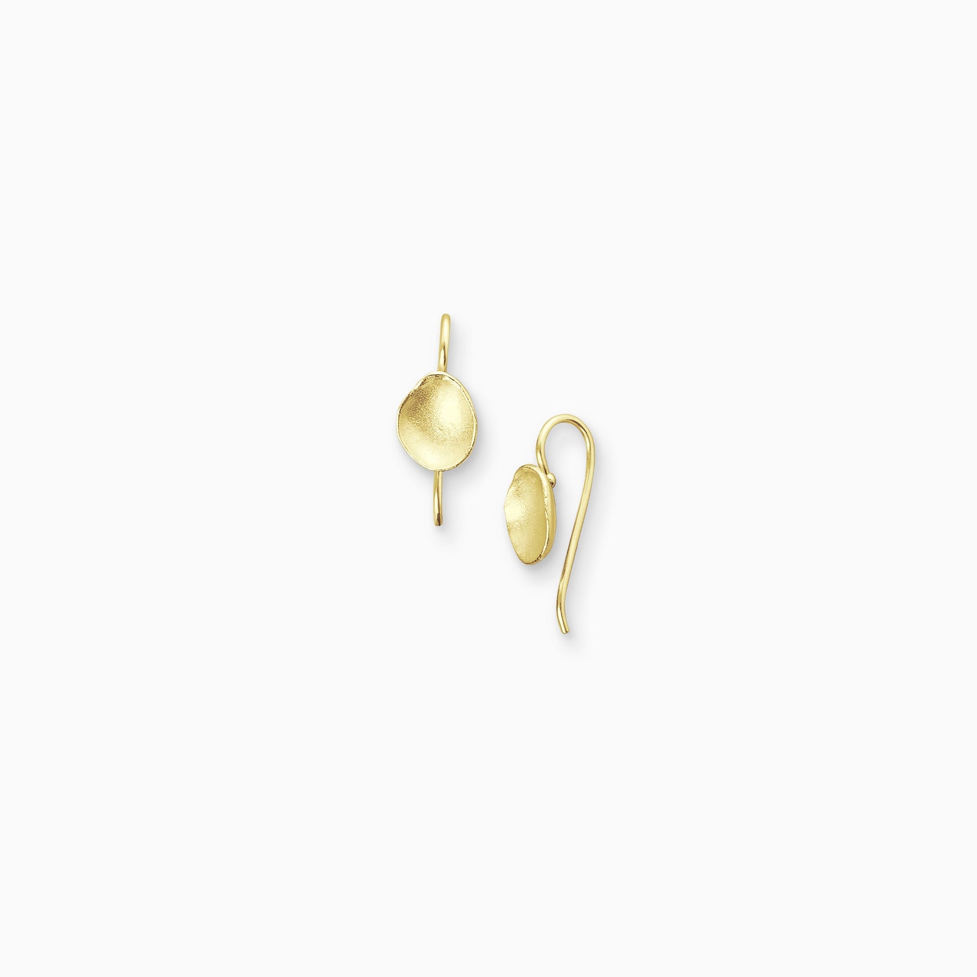 A pair of 18ct Fairtrade yellow gold small concave oval shaped earrings with a hook fastening. Satin finish. 20mm length, 8mm width