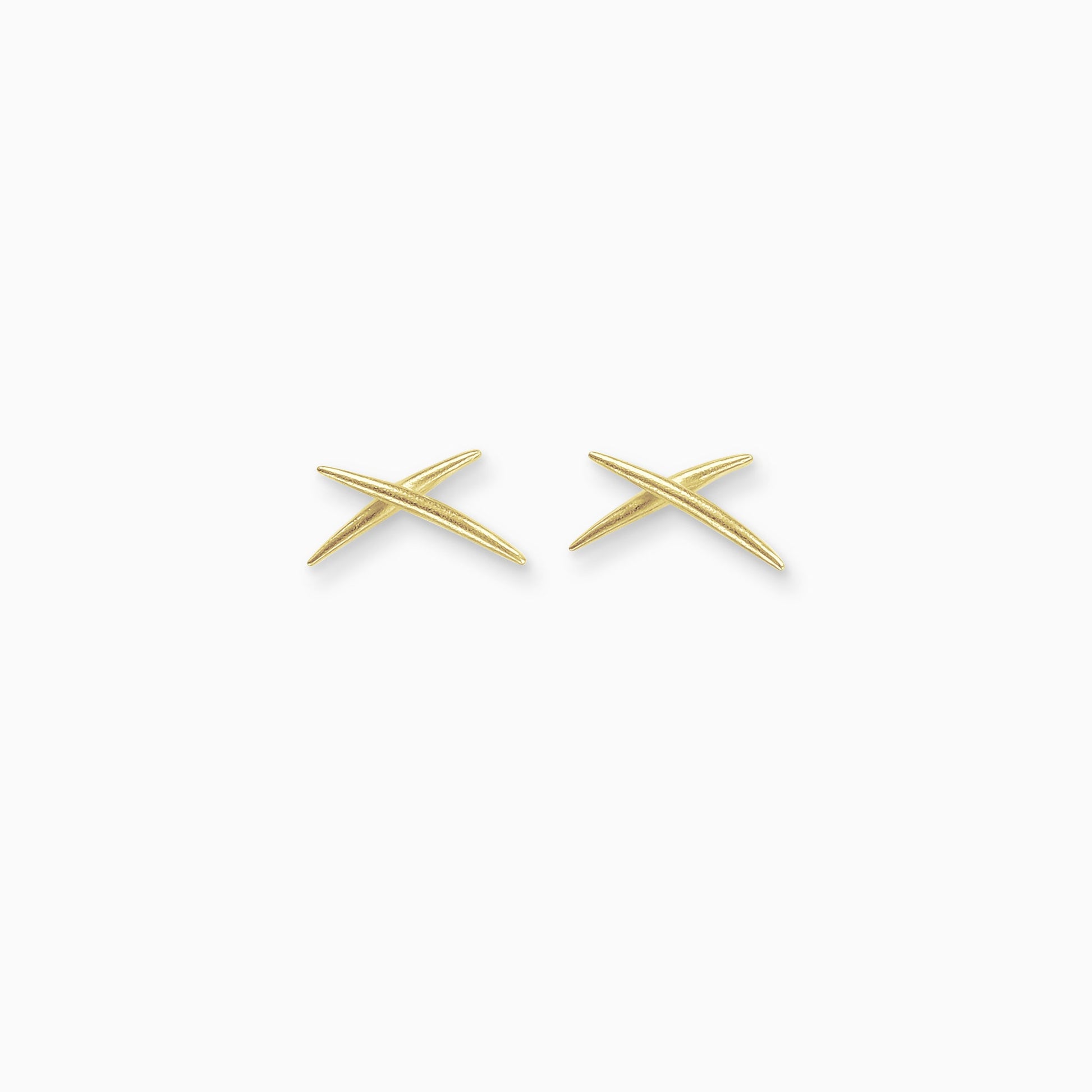 Dainty 18ct Fairtrade yellow gold stud earrings in the shape of a kiss, 2 fine bars of tapering round metal intersect to form an X shape.
