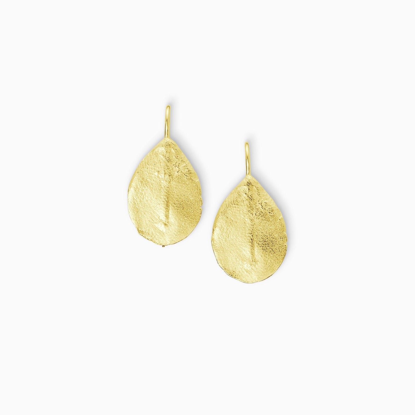 A pair of 18ct Fairtrade yellow gold textured earrings in the shape of a leaf with a hook fastening. 28mm length, 15mm width