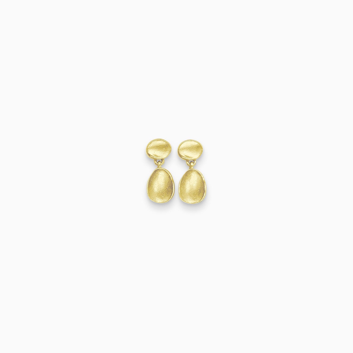 A pair of 18ct Fairtrade yellow gold small earrings, a dainty concave oval disc has an stud ear fastening and hanging below is another slightly larger oval disc. Satin finish. 15mm length, 6mm width