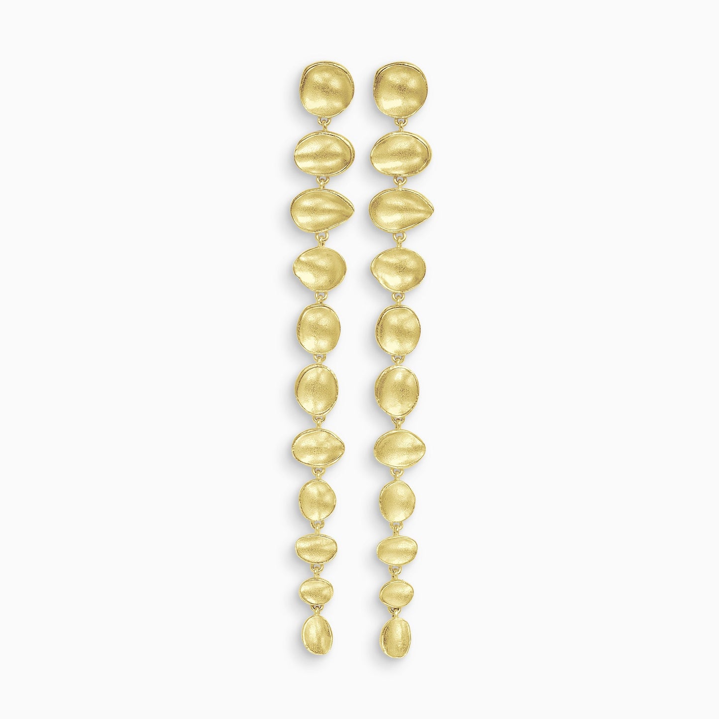 A pair of 18ct Fairtrade yellow gold drop earrings. A line of 11 articulating concave discs of various organic shapes and sizes with a stud ear fastening on the top disc. Satin finish. 105mm length, 10mm width.