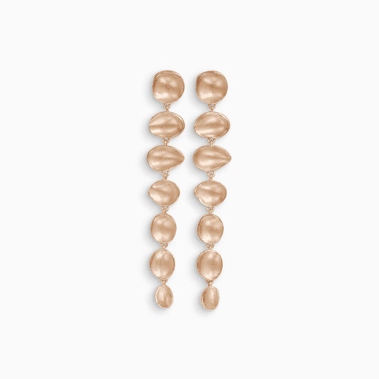 A pair of 18ct Fairtrade rose gold drop earrings. A line of 7 articulating concave discs of various organic shapes and sizes with a stud ear fastening on the top disc. Satin finish. 70mm length, 10mm width.