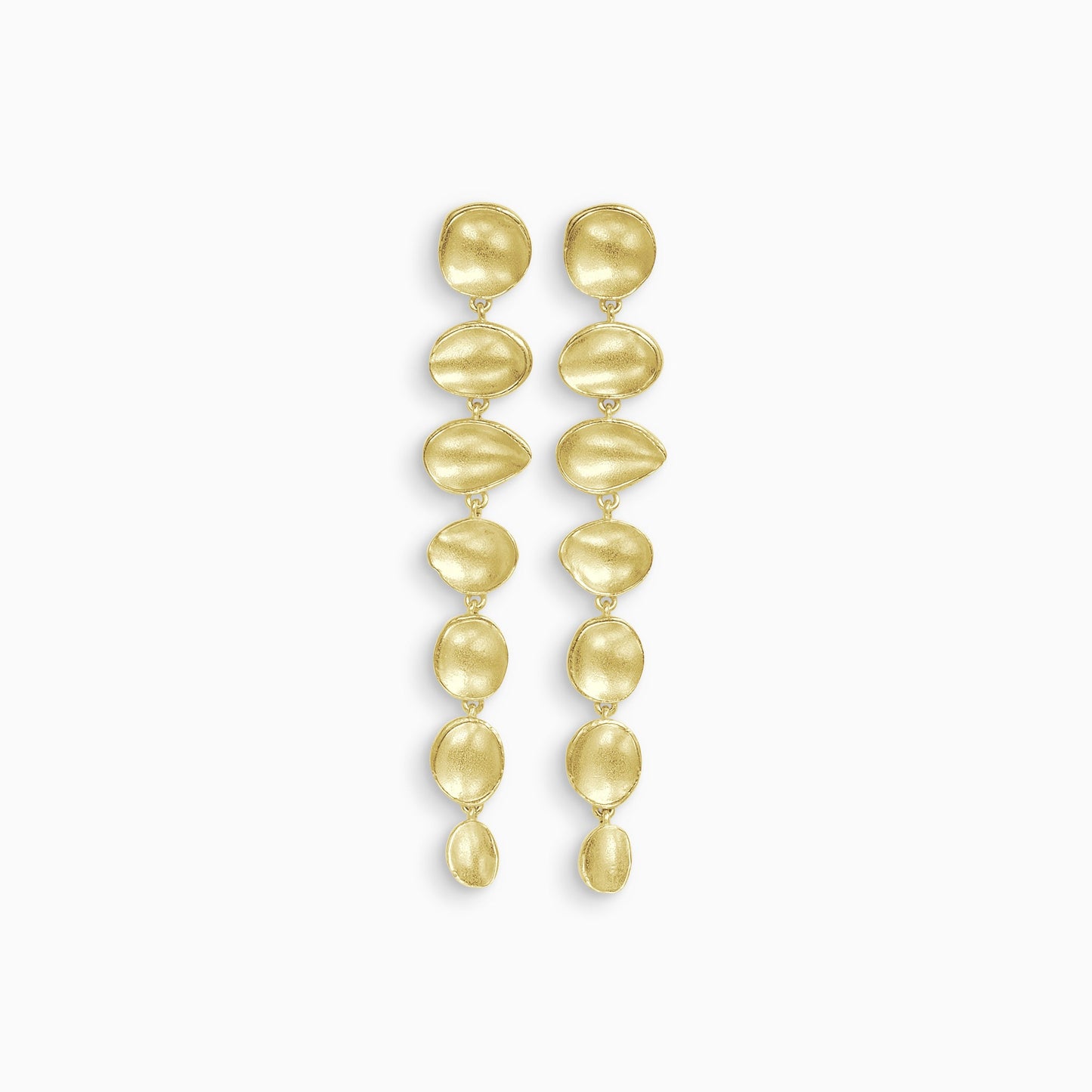 A pair of 18ct Fairtrade yellow gold drop earrings. A line of 7 articulating concave discs of various organic shapes and sizes with a stud ear fastening on the top disc. Satin finish. 70mm length, 10mm width.