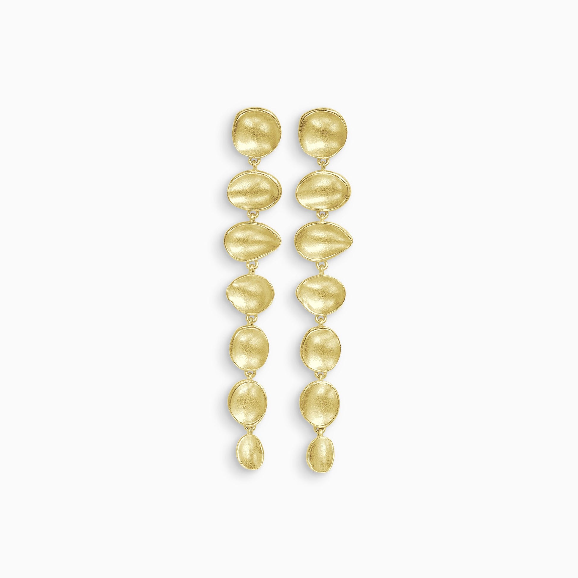 A pair of 18ct Fairtrade yellow gold drop earrings. A line of 7 articulating concave discs of various organic shapes and sizes with a stud ear fastening on the top disc. Satin finish. 70mm length, 10mm width.