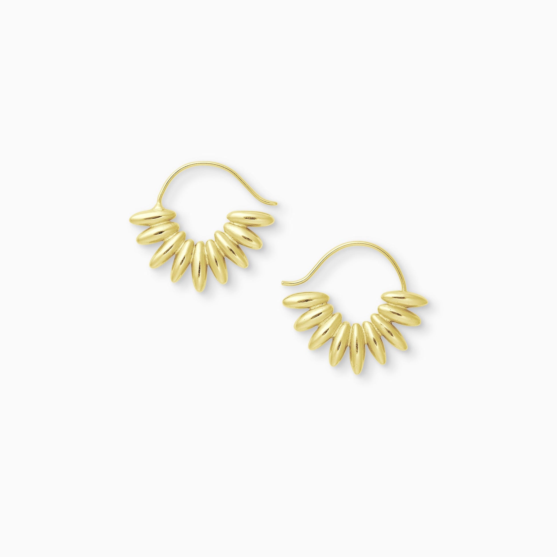 A pair of shiny 18ct Fairtrade yellow gold round hoop earrings. 9 tapering cylindrical form the bottom half of the hoop hoop with the curved ear wire competing the circle. 25mm width 21mm length