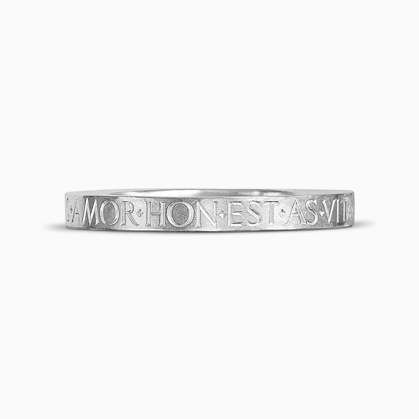 A recycled Silver bangle with Love, Honour, Courage, Hope, Peace,Truth and Life deeply engraved in Roman capitals around the outside. Width 8mm. Inside diameter 64mm. 