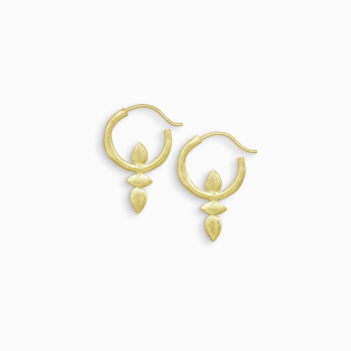 A pair 18ct Fairtrade yellow gold hoop earrings with a stud fastening. Small organic lozenge and teardrop shaped forms are attached below and inside the hoop. 18mm x 30mm