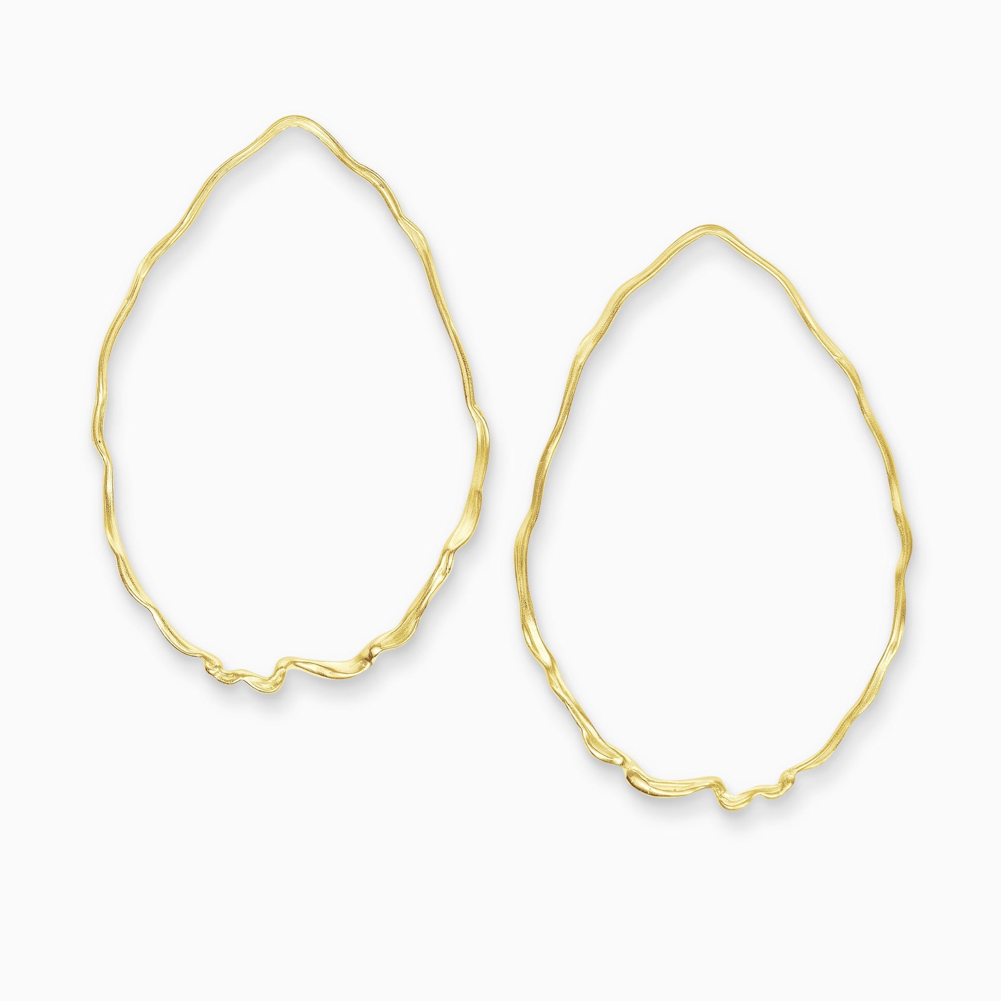 A pair of 18ct Fairtrade yellow gold large teardrop shaped earrings with a stud fastening. A fine undulating irregular and organically textured wire forms the large teardrop shape. 75mm x 50mm